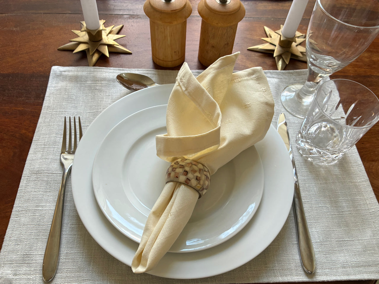 Cream Brocade Napkin by Curlew Crafts on a table set for one perspn