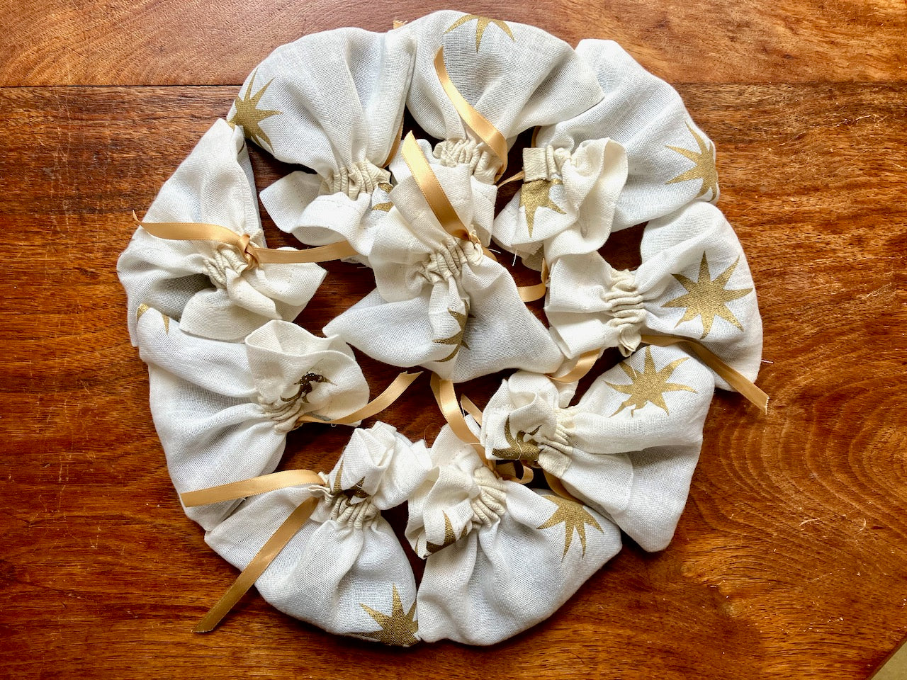 Circle of White starry cotton Lavender Bags with Gold drawstrings by Curlew Crafts