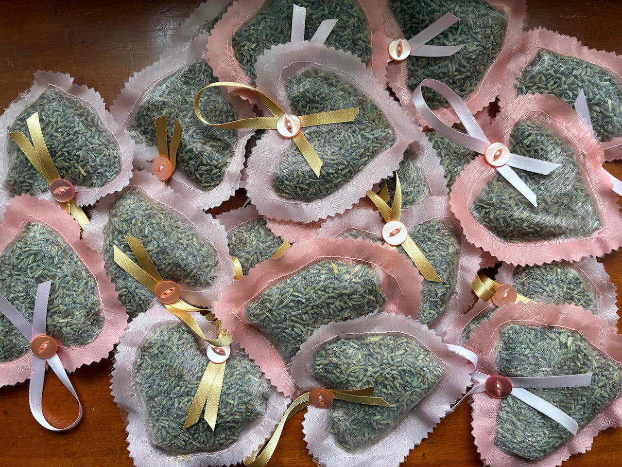 Collection of Peach and Pink Lavender Pillow Sachets with Satin ribbon hooks