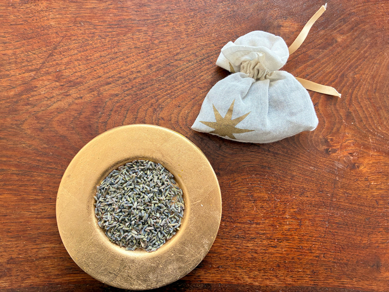Cream and Gold Lavender Sachet with a saucer of Dried Lavender