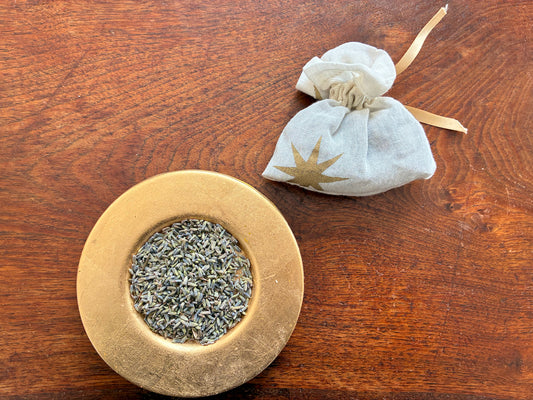 Cream and Gold Lavender Sachet with a saucer of Dried Lavender