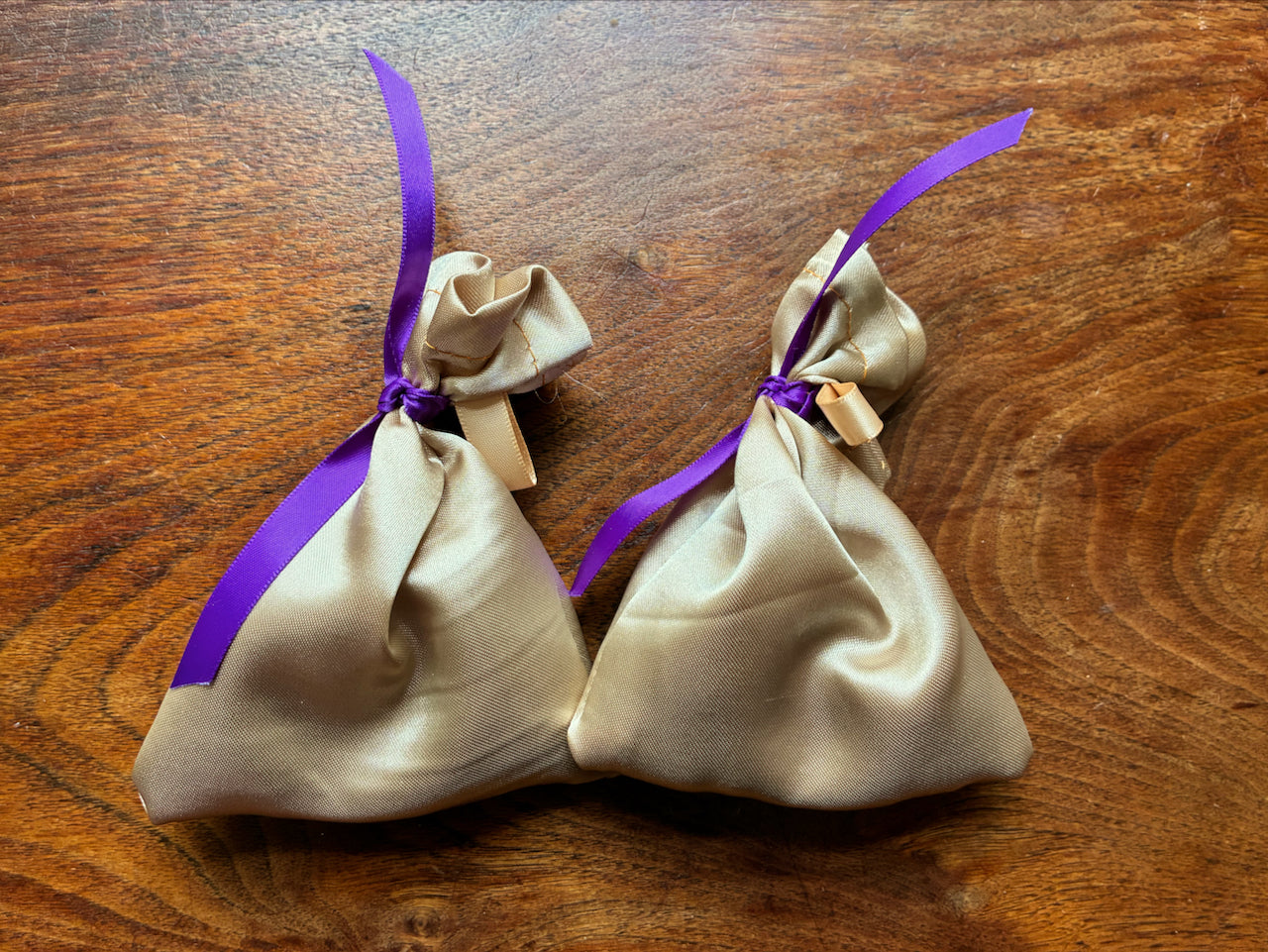 Two Gold Silk Lavender bags with Purple Satin ribbons by Curlew Crafts