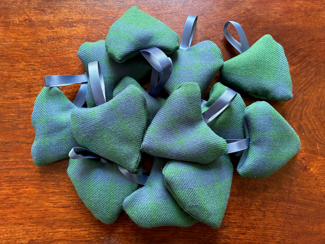 Collection of Green and Blue Tartan Heart shaped Lavender Sachets with Blue Satin ribbons