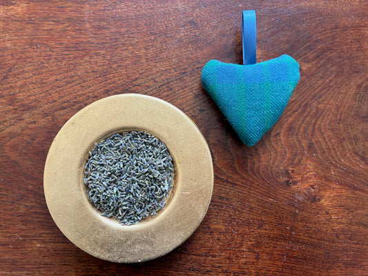 Single Green Tartan Heart Lavender Sachet and saucer of Dried Lavender