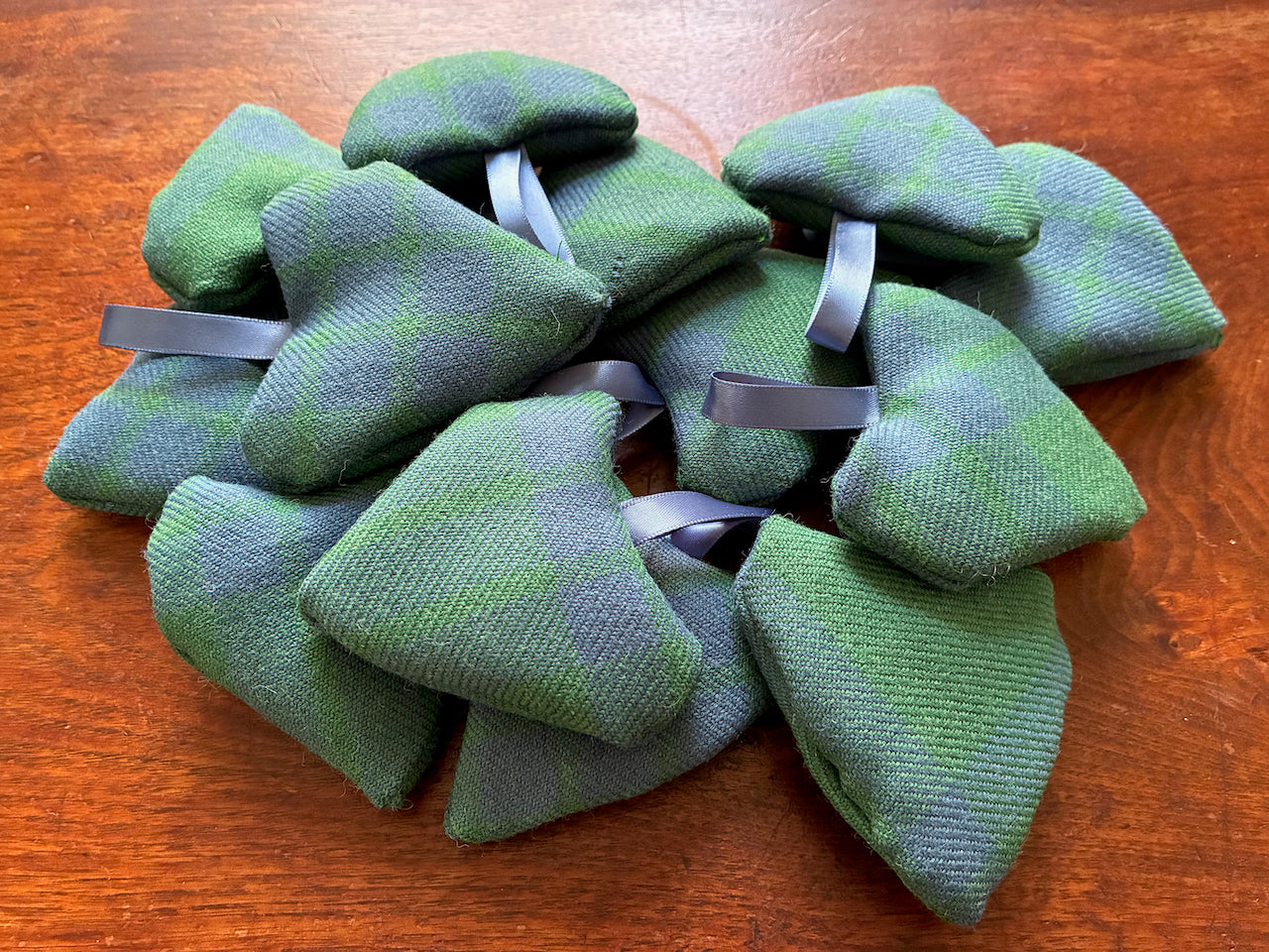 Collection of Green and Blue Tartan Heart shaped Lavender Sachets with a blue Satin ribbon