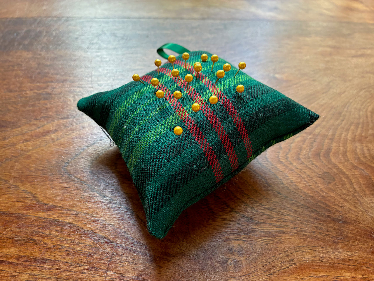 Green Tartan Pin-Cushion with Gold pins by Curlew Crafts