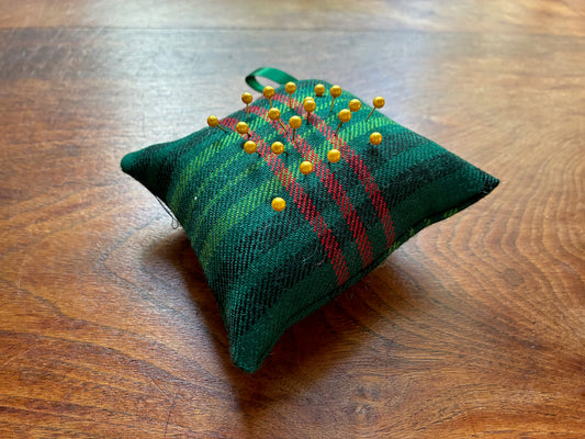Green Tartan Pin-Cushion with Gold pins by Curlew Crafts