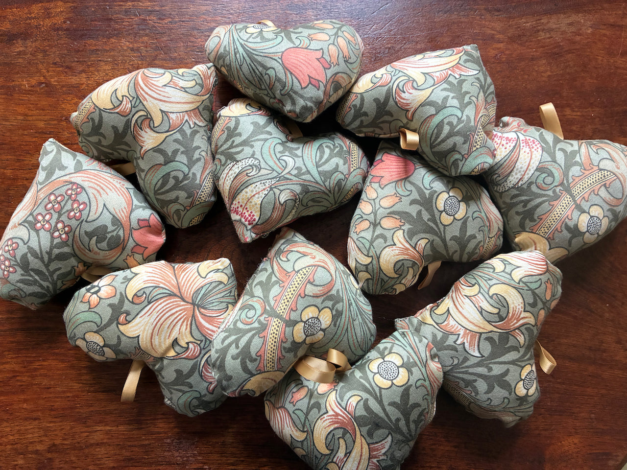 Collection of William Morris Heart Pincushions with Satin Ribbons