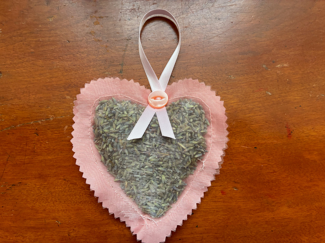 Heart shaped Peach Lavender Pillow Sachet with Pink Satin ribbon hook