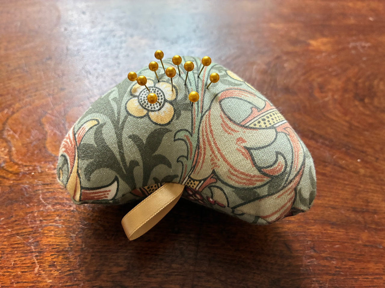 One William Morris Heart Pincushion with Pins in and Satin Ribbon