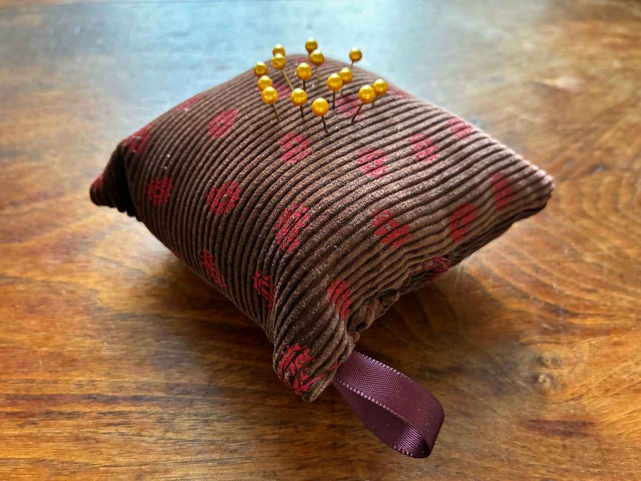 Chestnut and Rose Paisley Pincushion by Curlew Crafts