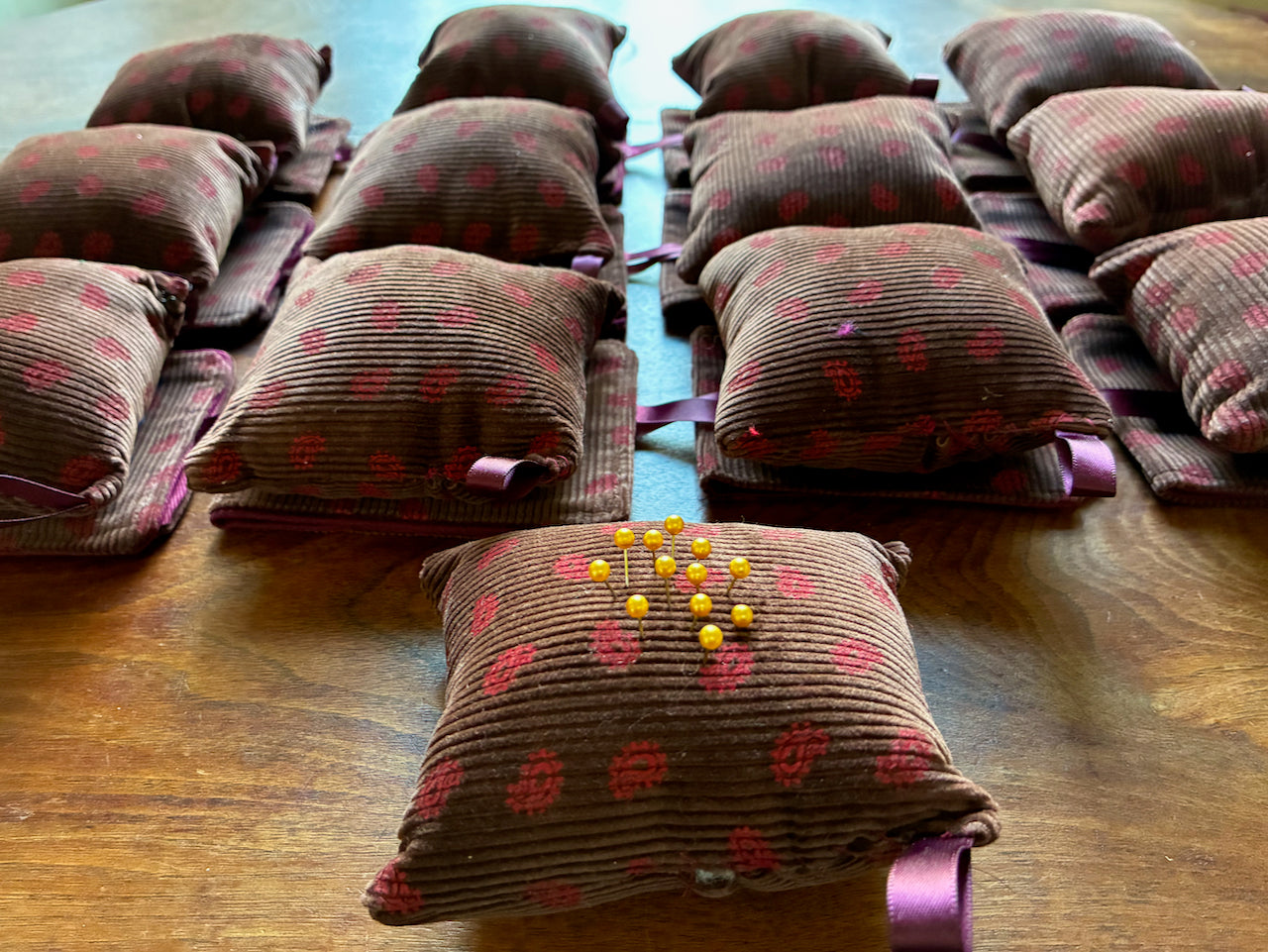 Chestnut and Rose Paisley Needle Case and Pincushion Sets finished and ready to go