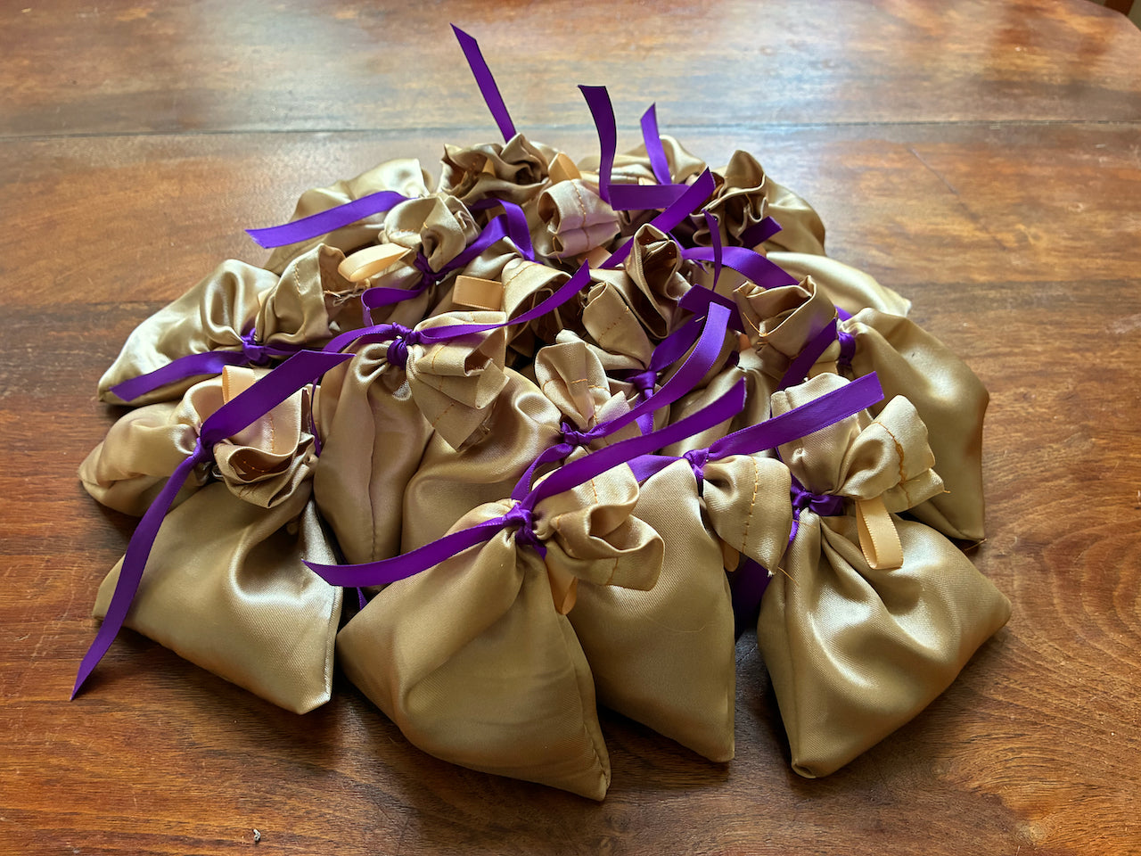Gold Silk Lavender Bags with purple Satin ribbons by Curlew Crafts