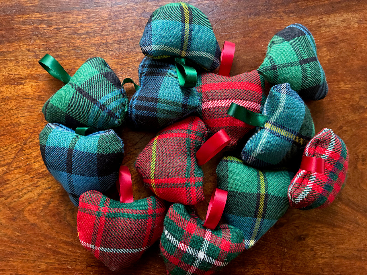 Collection of assorted Heart Shaped Tartan Pincushions with Satin ribbon hooks