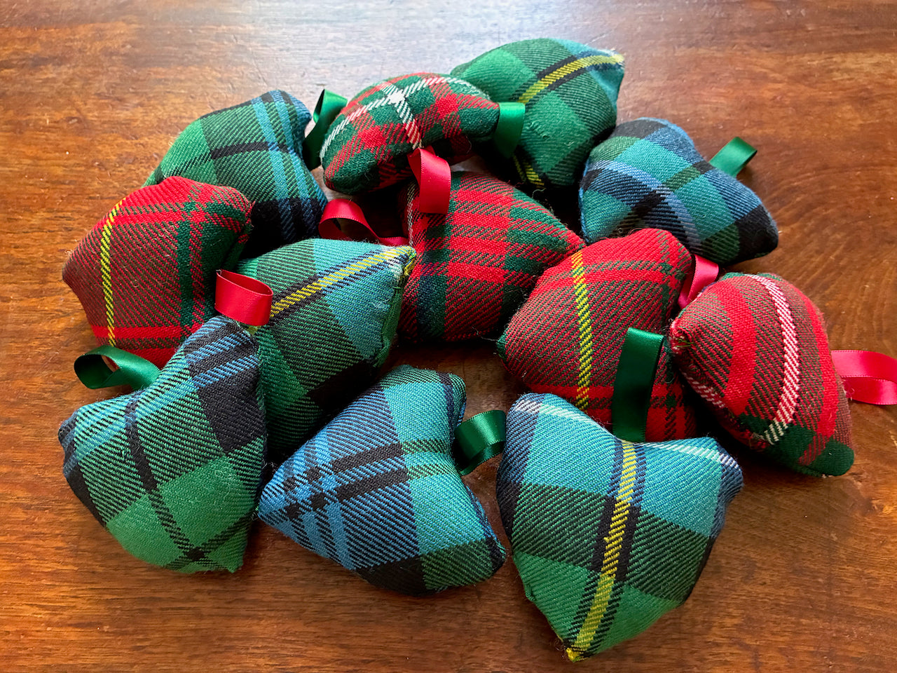 Collection of assorted Heart shaped Tartan Pincushions with Satin ribbon hooks