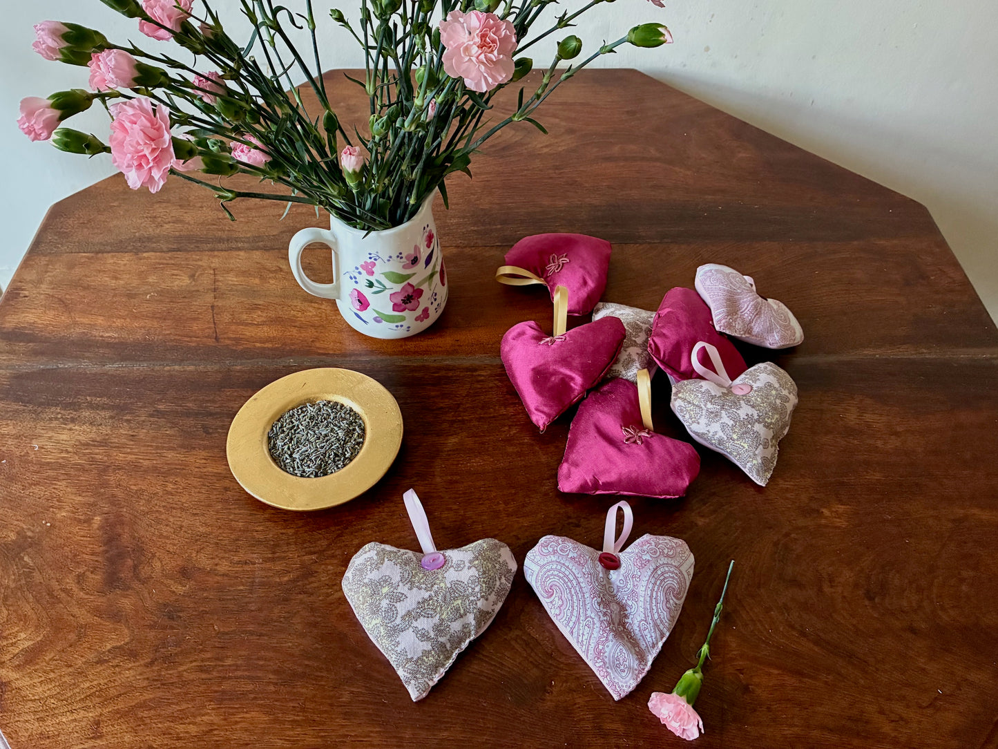 Set of two heart shaped Paisley Lavender Sachets with flowers and a bowl of dried Lavender