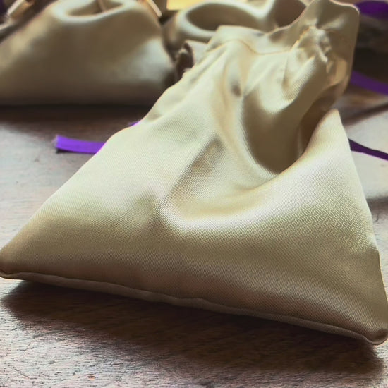 Gold Silk Lavender Sachets with Purple Satin ribbons by Curlew Crafts