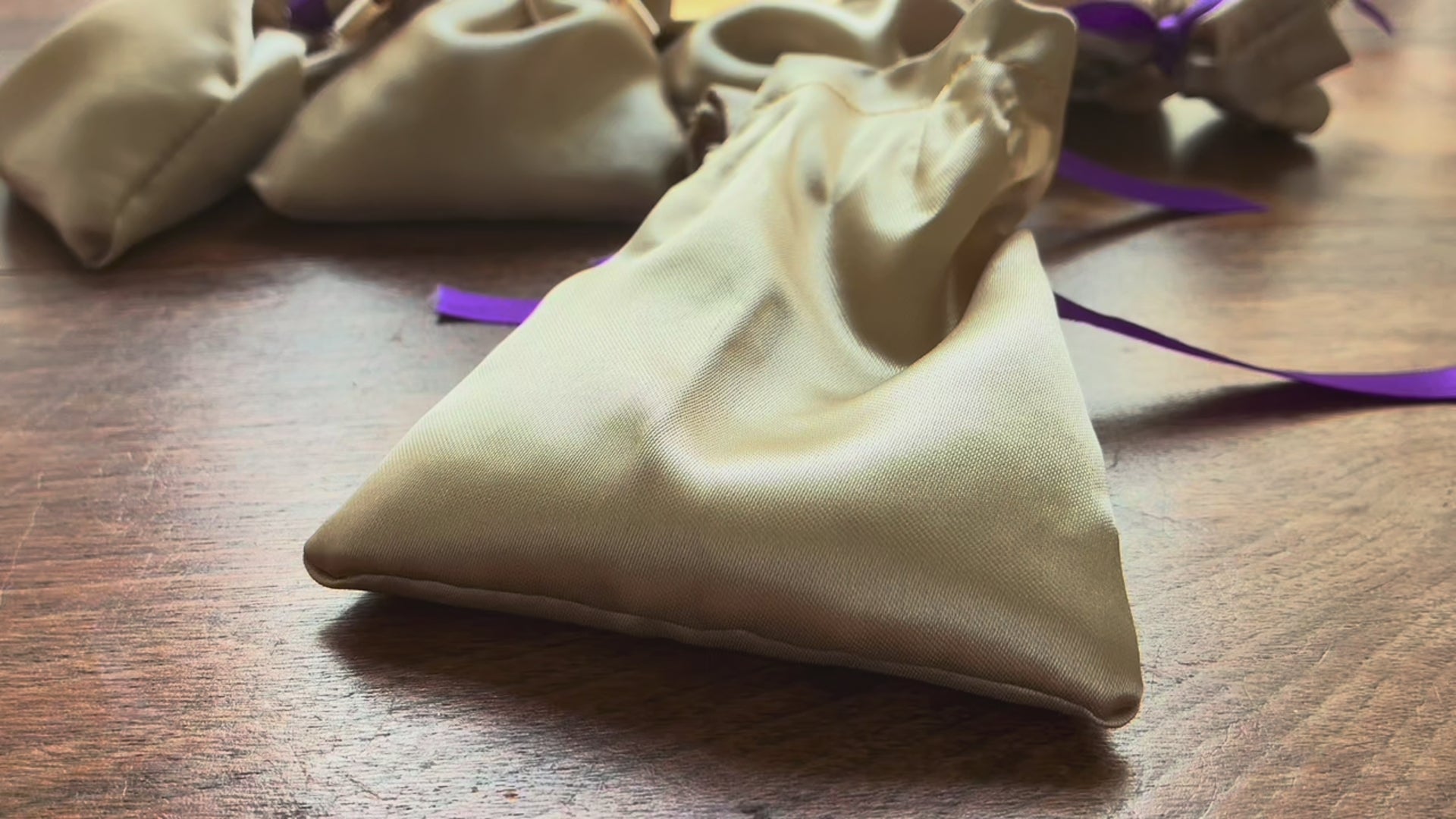 Gold Silk Lavender Sachets with Purple Satin ribbons by Curlew Crafts