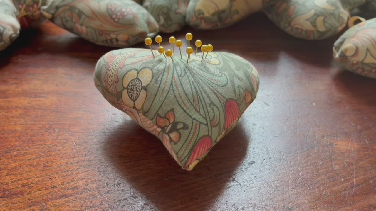 One William Morris Heart Pincushion with Satin Ribbon and Pins in