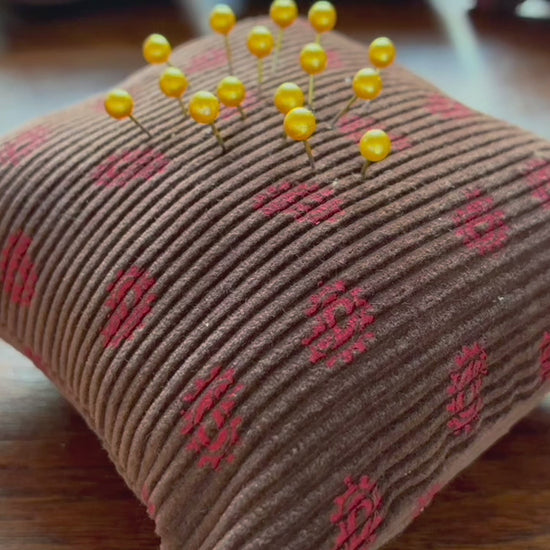 Chestnut and Rose Pink Paisley Needlecord Pincushion 