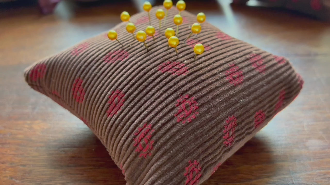 Chestnut and Rose Pink Paisley Needlecord Pincushion 