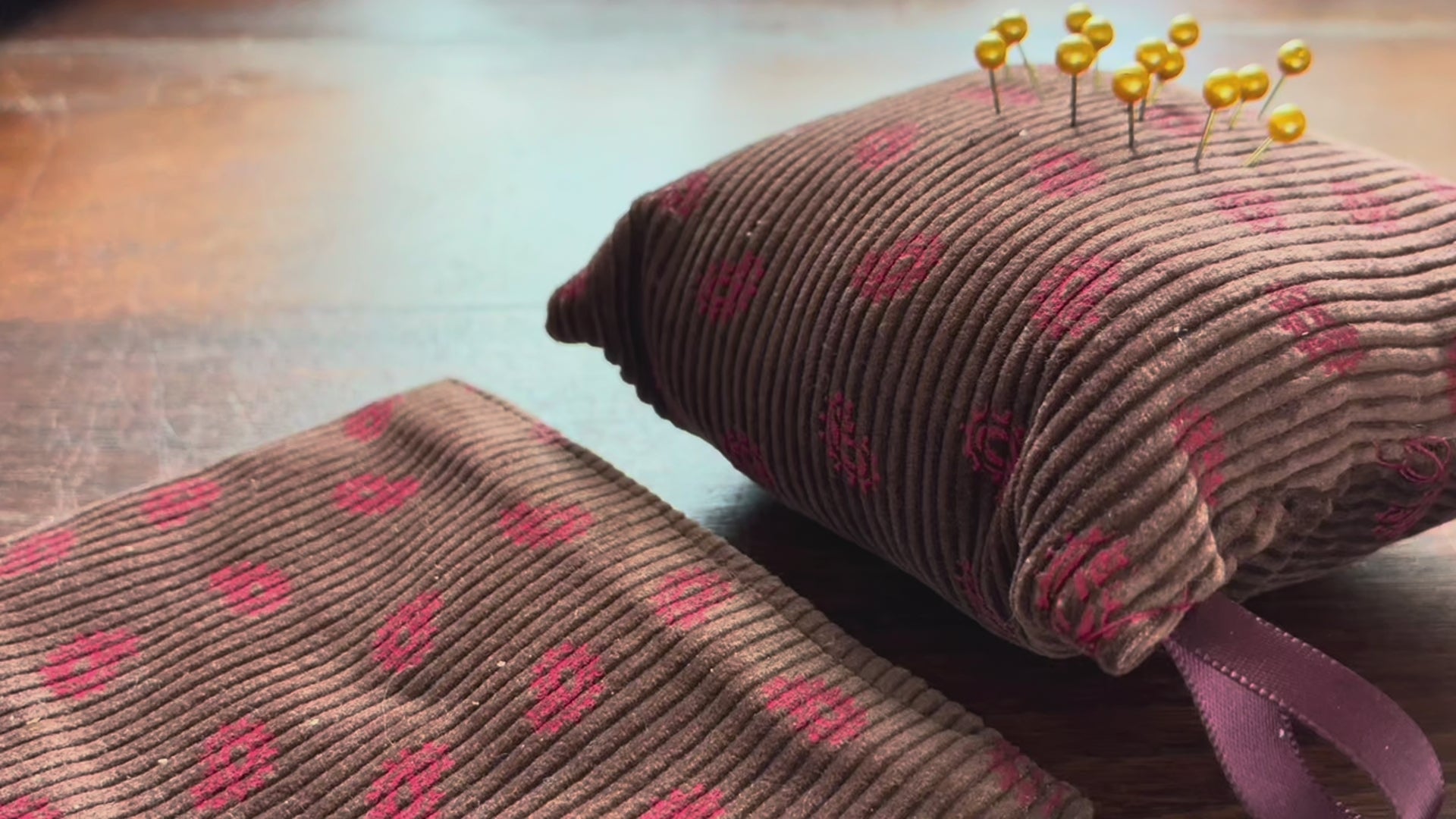 Chestnut and Rose Paisley Needlecord Sewing Gift Set of Needle Case and Pincushion by Curlew Crafts