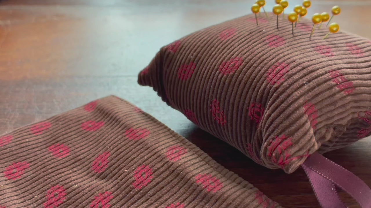 Chestnut and Rose Pink Needlecord Pincushion and Needle Case Set