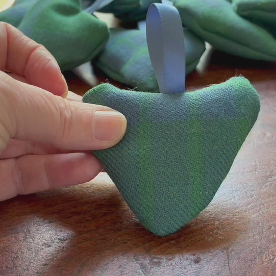 A Green and Blue Heart Shaped Lavender Sachet with Blue Satin ribbon 