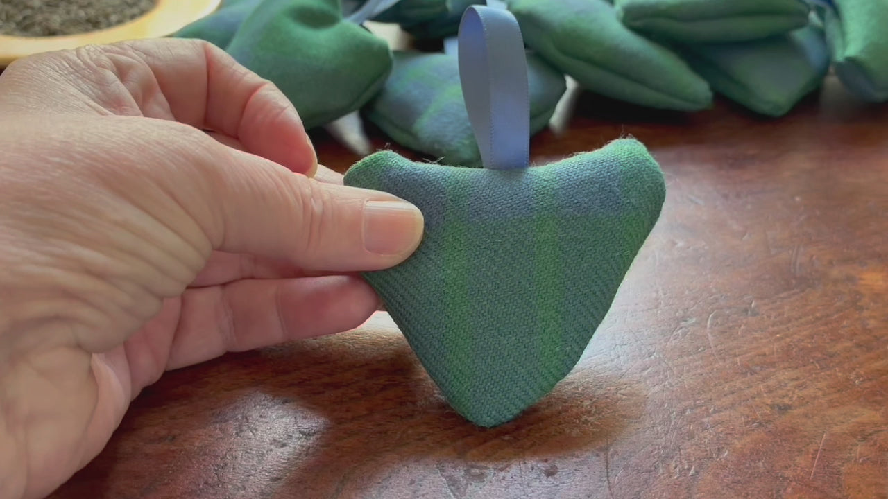 A Green and Blue Heart Shaped Lavender Sachet with Blue Satin ribbon 