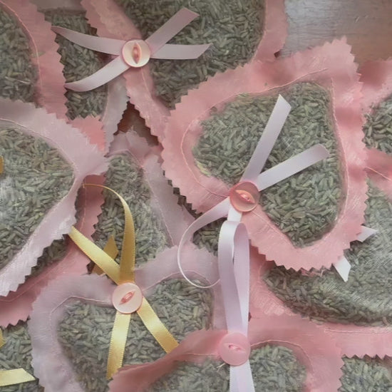 Collection of Pink and Peach heart shaped Lavender Pillow Sachets with Satin ribbon hooks