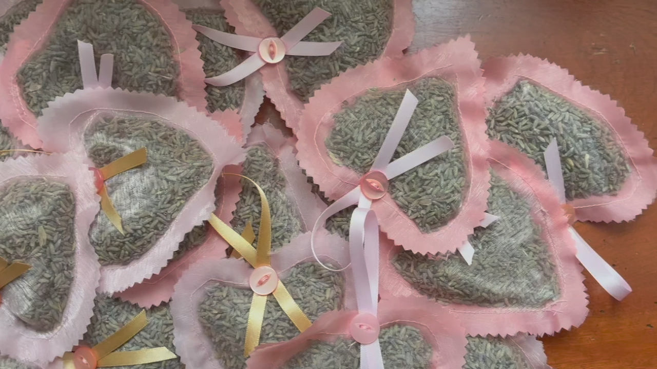 Collection of Pink and Peach heart shaped Lavender Pillow Sachets with Satin ribbon hooks